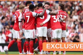 Jurrien Timber celebrates with his Arsenal teammates