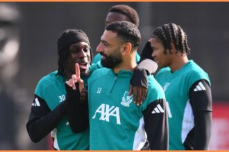 Mohamed Salah and Jeremie Frimpong in Liverpool training