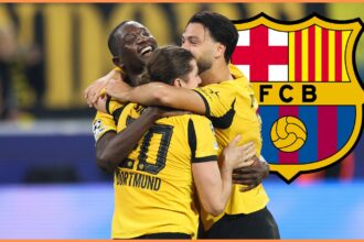 Serhou Guirassy celebrates with his Borussia Dortmund teammates