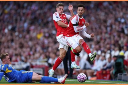 Viktor Gyokeres and Martin Zubimendi of Arsenal