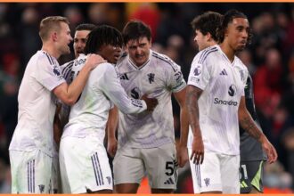 Matthijs de Ligt celebrates with his Manchester United teammates