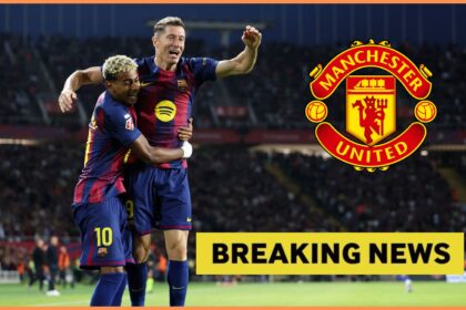 Lamine Yamal and Robert Lewandowski celebrate for Barcelona