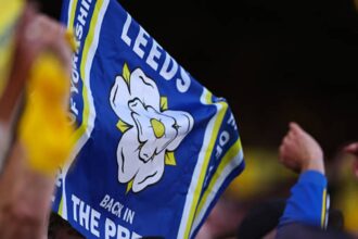 Close up of a Leeds United flag from the stands.