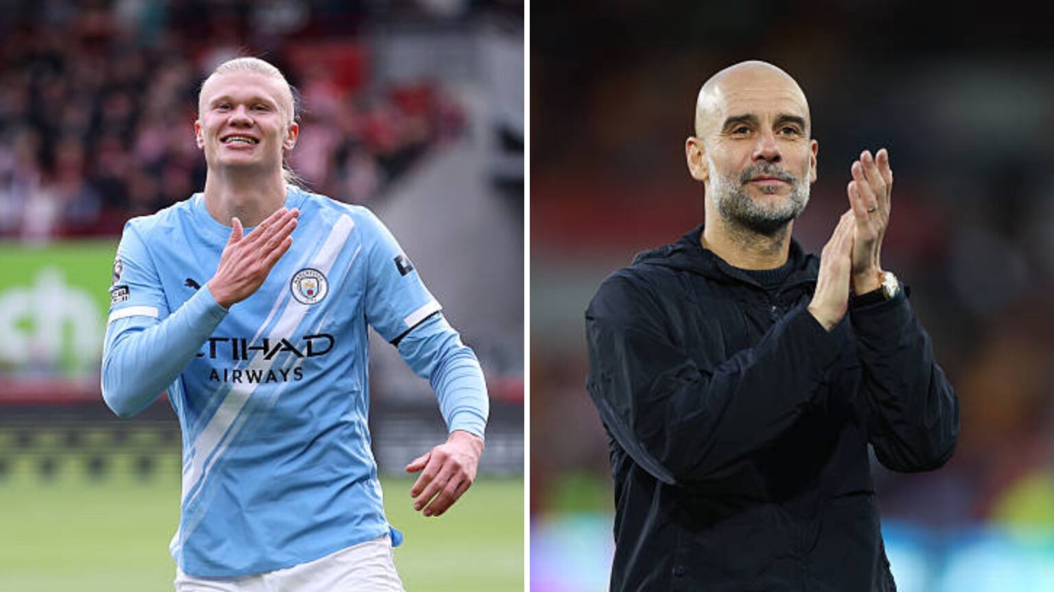 Split image of Erling Haaland celebrating and Pep Guardiola applauding the fans