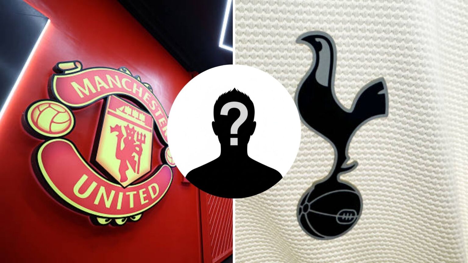 Split image of Tottenham badge and Man United badge with overlay of mystery player
