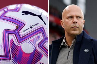 Split image of Premier League ball and Arne Slot
