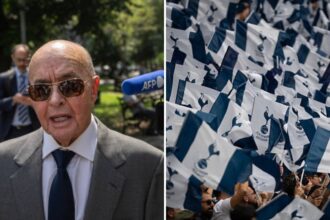 Split image of Tottenham owner Joe Lewis and Tottenham supporters waving flags