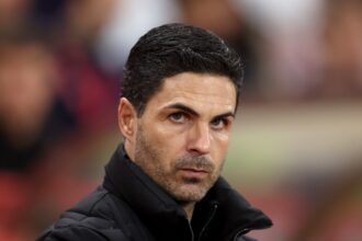 Arsenal manager Mikel Arteta looks on