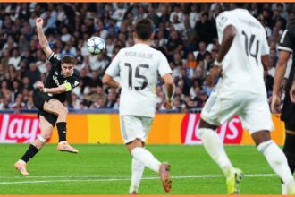 Kenan Yildiz takes a shot for Juventus against Real Madrid