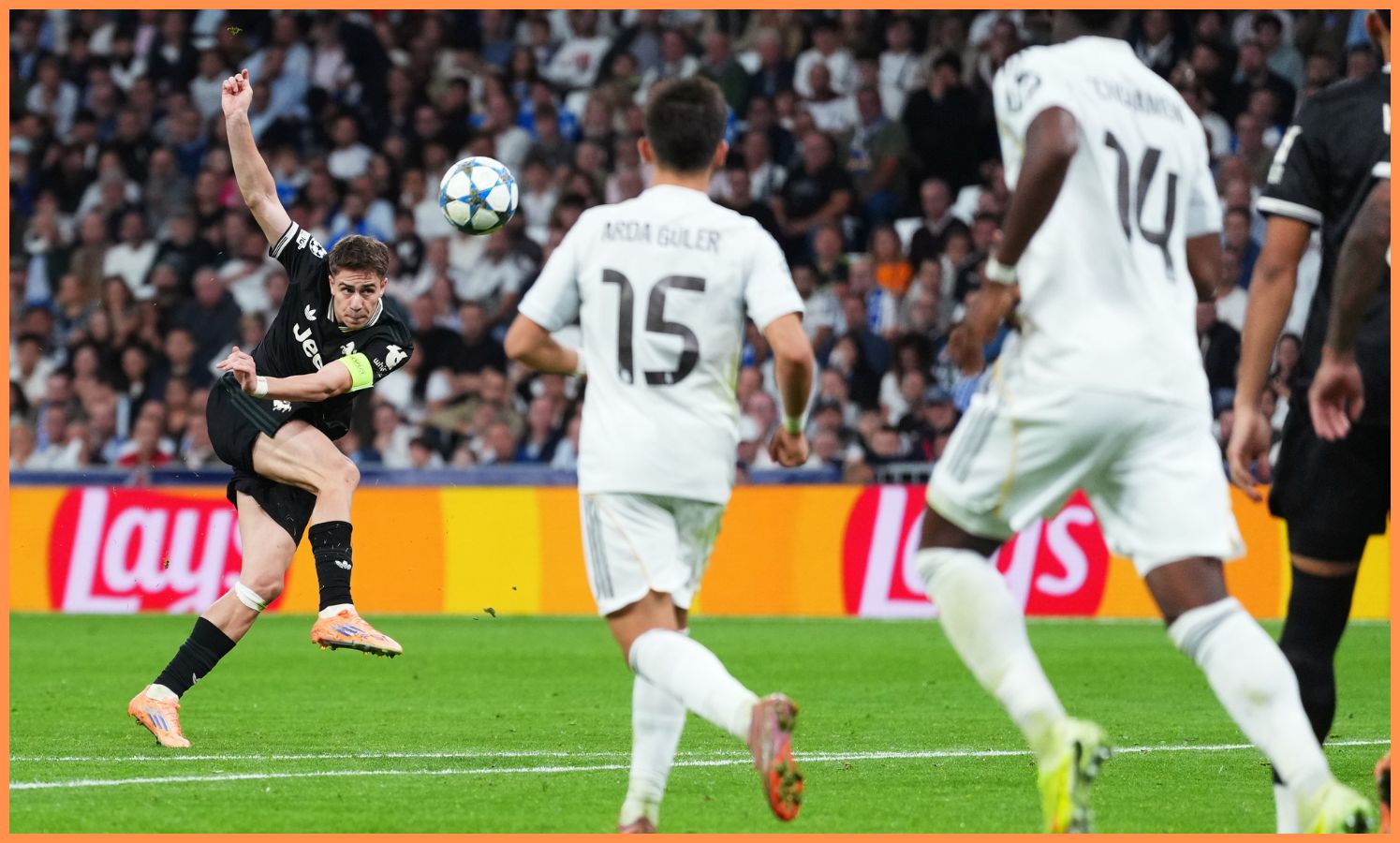 Kenan Yildiz takes a shot for Juventus against Real Madrid
