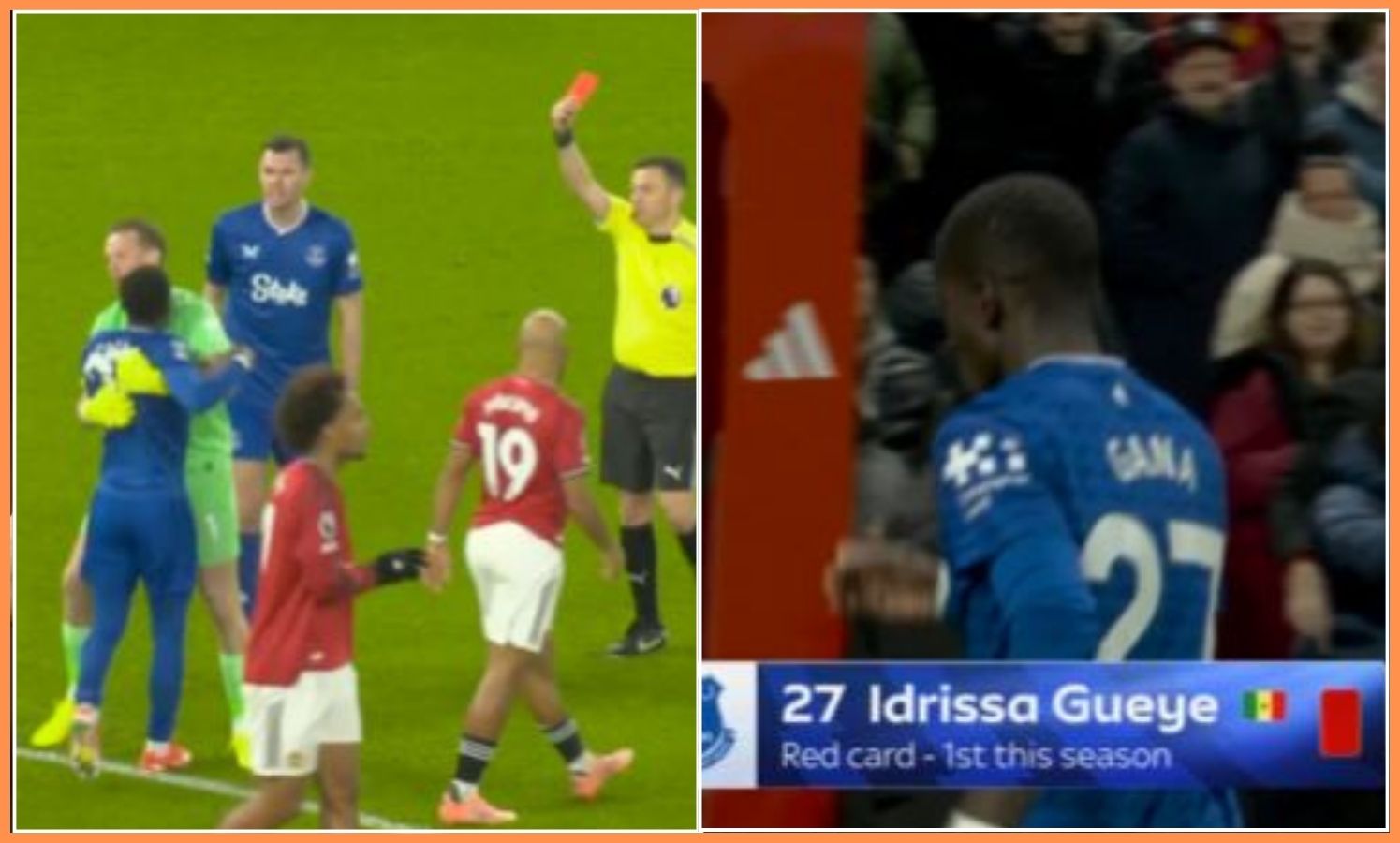 Idrissa Gueye receives a red card for Everton against Manchester United