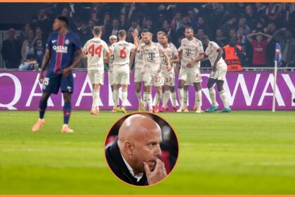 Bayern Munich players celebrating, and Arne Slot