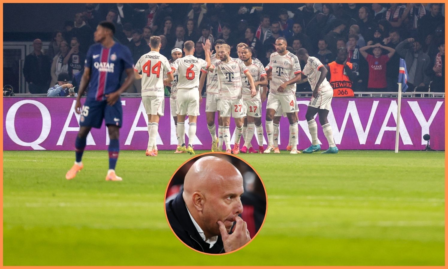 Bayern Munich players celebrating, and Arne Slot