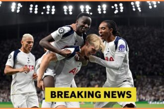 Lucas Bergvall celebrates with his Tottenham teammates