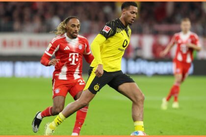 Sacha Boey in action for Bayern Munich vs Borussia Dortmund