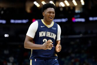Derrick Queen #22 of the New Orleans Pelicans reacts during the second half of the game against the Denver Nuggets at Smoothie King Center.