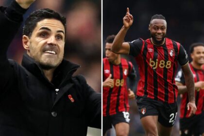 Split image of Arsenal manager Mikel Arteta and Bournemouth star Antoine Semenyo