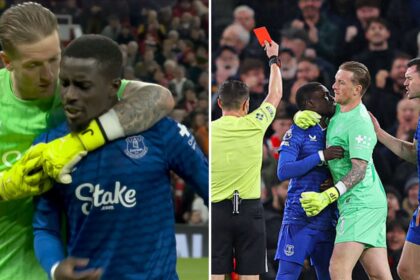 Split image of Idrissa Gueye being held back by Jordan Pickford and Gueye being shown a red card