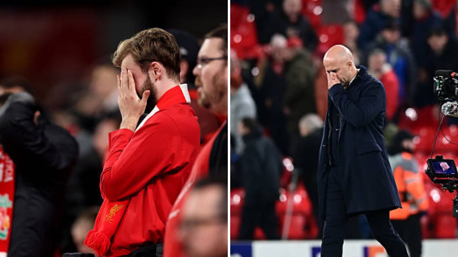 Split image of Liverpool fan upset and Arne Slot distraught