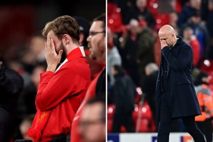 Split image of Liverpool fan upset and Arne Slot distraught