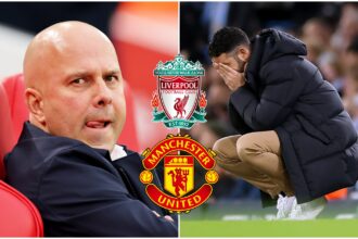 Arne Slot looks intrigued and Ruben Amorim looks distraught.