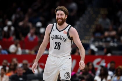 Drew Timme #26 of the Brooklyn Nets reacts to a second-half play against the Washington Wizards on March 29, 2025 at Capital One Arena in Washington, DC.