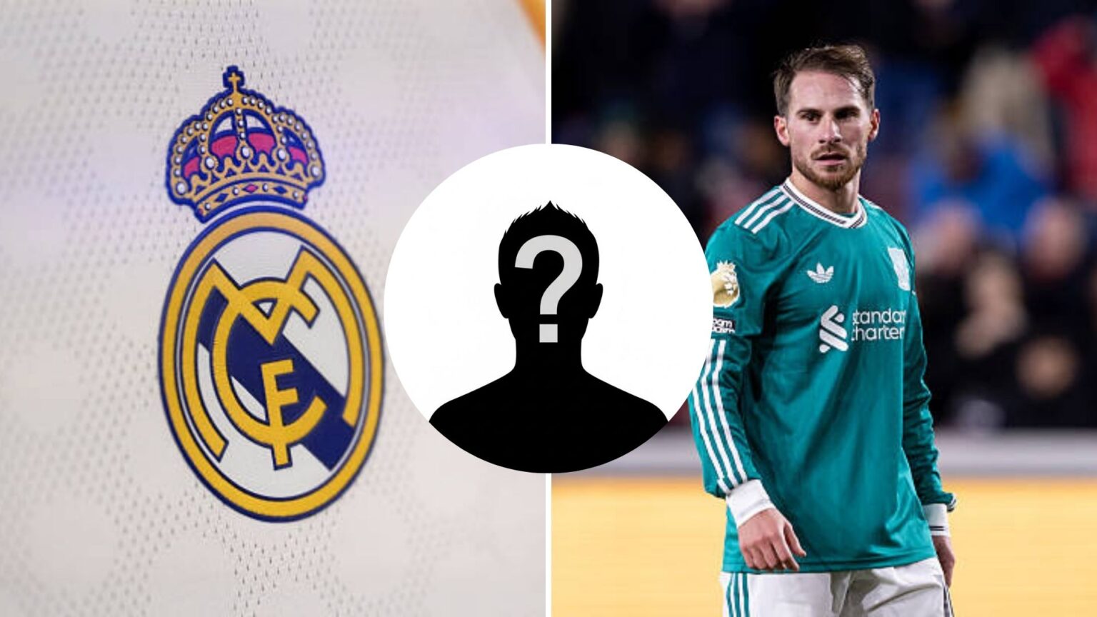 Split image of Real Madrid badge and Alexis Mac Allister with overlay of mystery player