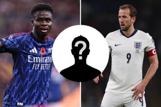 Split image of Bukayo Saka and Harry Kane with overlay of mystery player