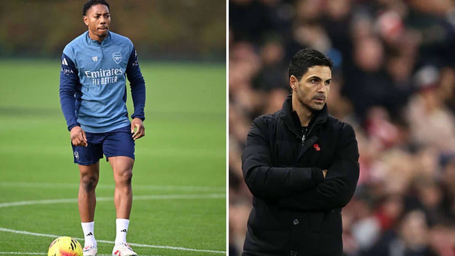 Split image of Myles Lewis-Skelly and Mikel Arteta