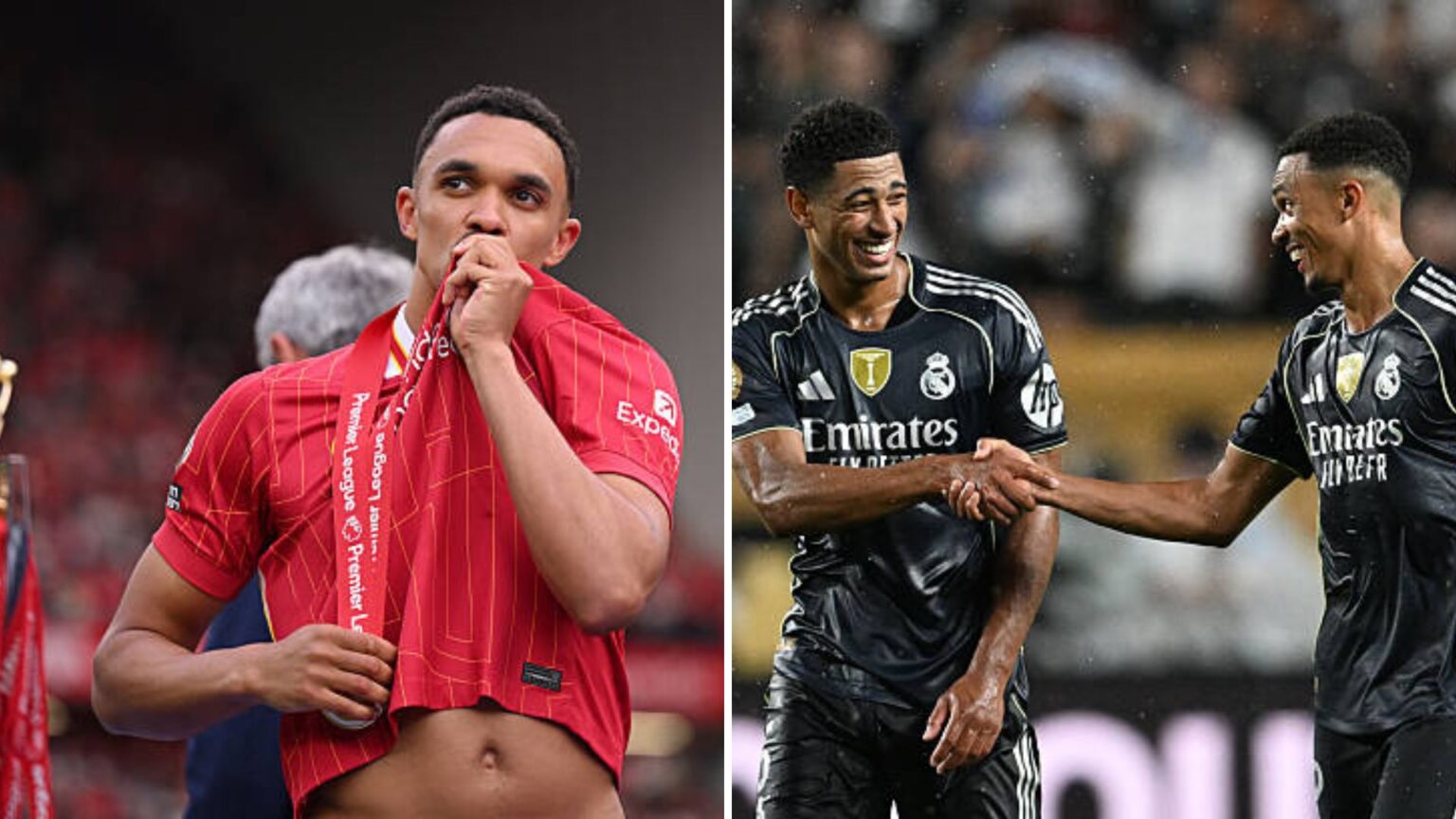 Split image of Trent Alexander-Arnold and Jude Bellingham celebrating with Trent