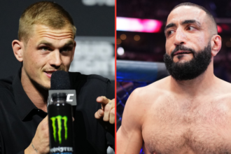 Ian Machado-Galley answers questions at the UFC 310 press conference opposite Belal Muhammad entering the cage at UFC 315