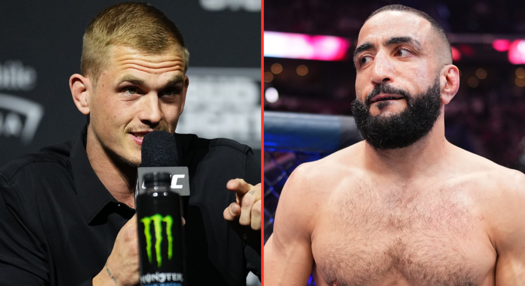 Ian Machado-Galley answers questions at the UFC 310 press conference opposite Belal Muhammad entering the cage at UFC 315