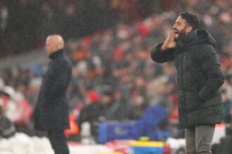 Ruben Amorim, Manager of Manchester United, reacts during the Premier League match at Liverpool