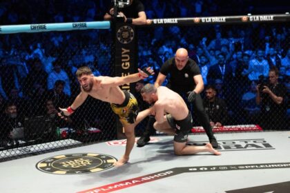 Baris Adigzel runs off to celebrate his win over Dean Garnett in PFL Lyon