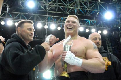 Brock Lesnar celebrates MMA debut win