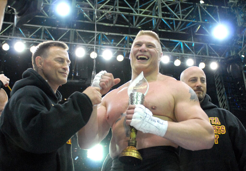 Brock Lesnar celebrates MMA debut win