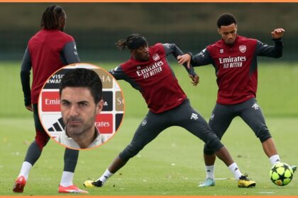 Ethan Nwaneri in Arsenal training, and Mikel Arteta