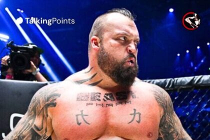 Eddie Hall enters the cage after his win over Mausz Pujanovski at KSW 105