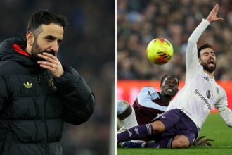 Split image of Ruben Amorim and Bruno Fernandes against Aston Villa