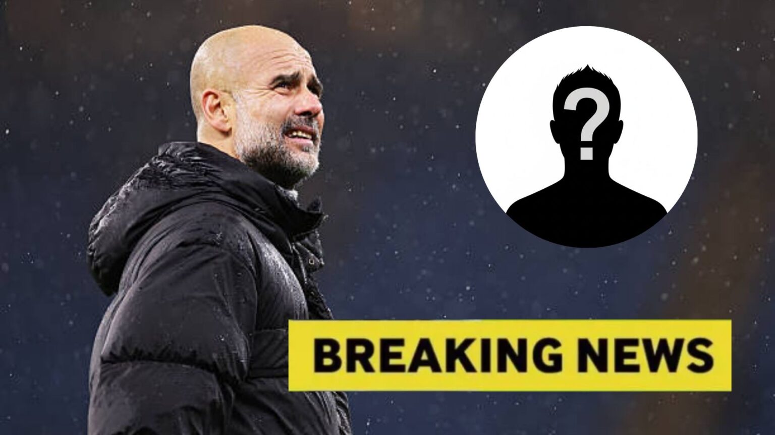Pep Guardiola with overlay of breaking news and mystery player