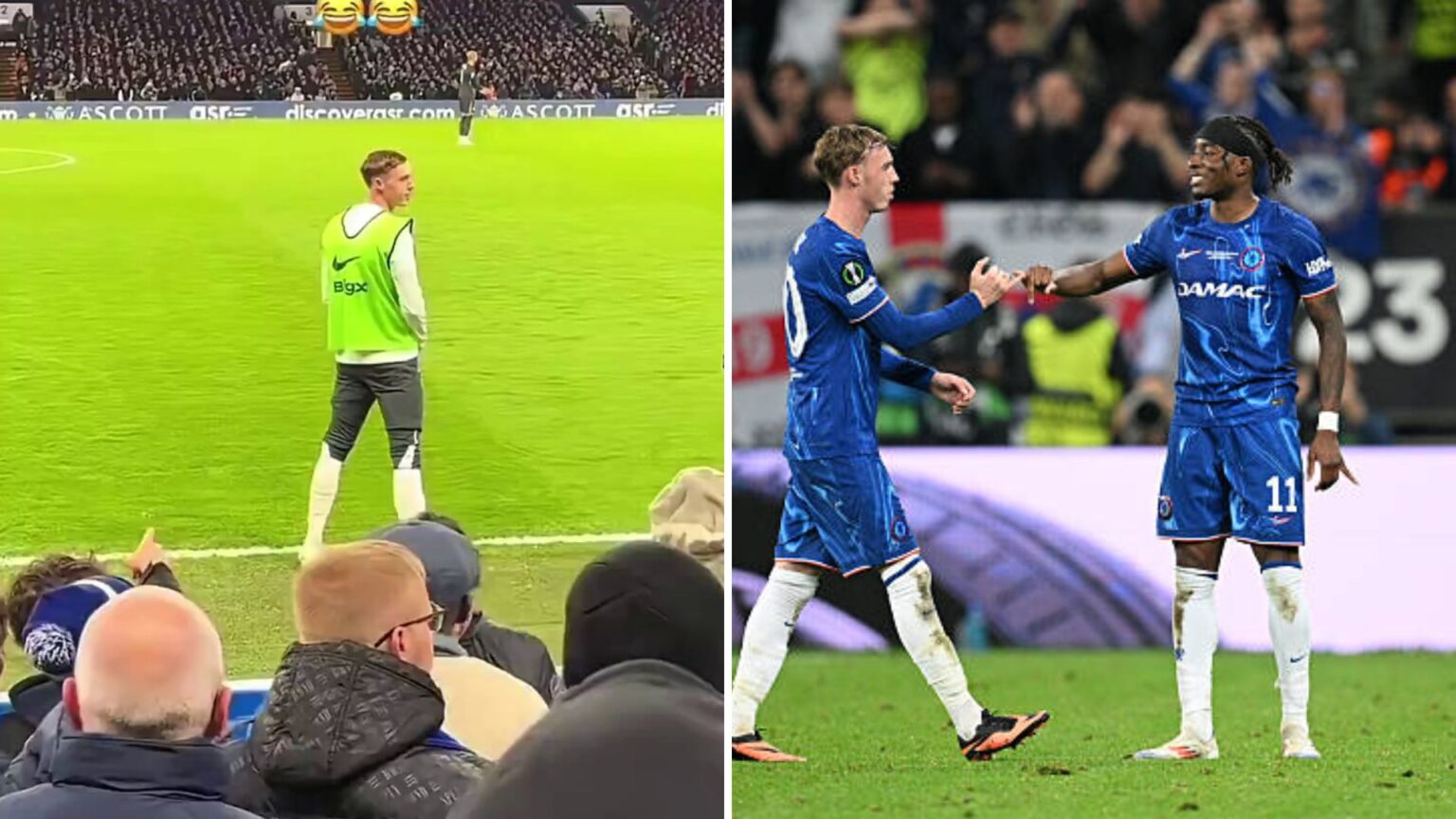 Split image of fan footage showing Cole Palmer