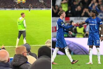 Split image of fan footage showing Cole Palmer