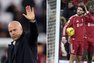 Split image of Arne Slot and Liverpool players looking distraught during Sunderland game