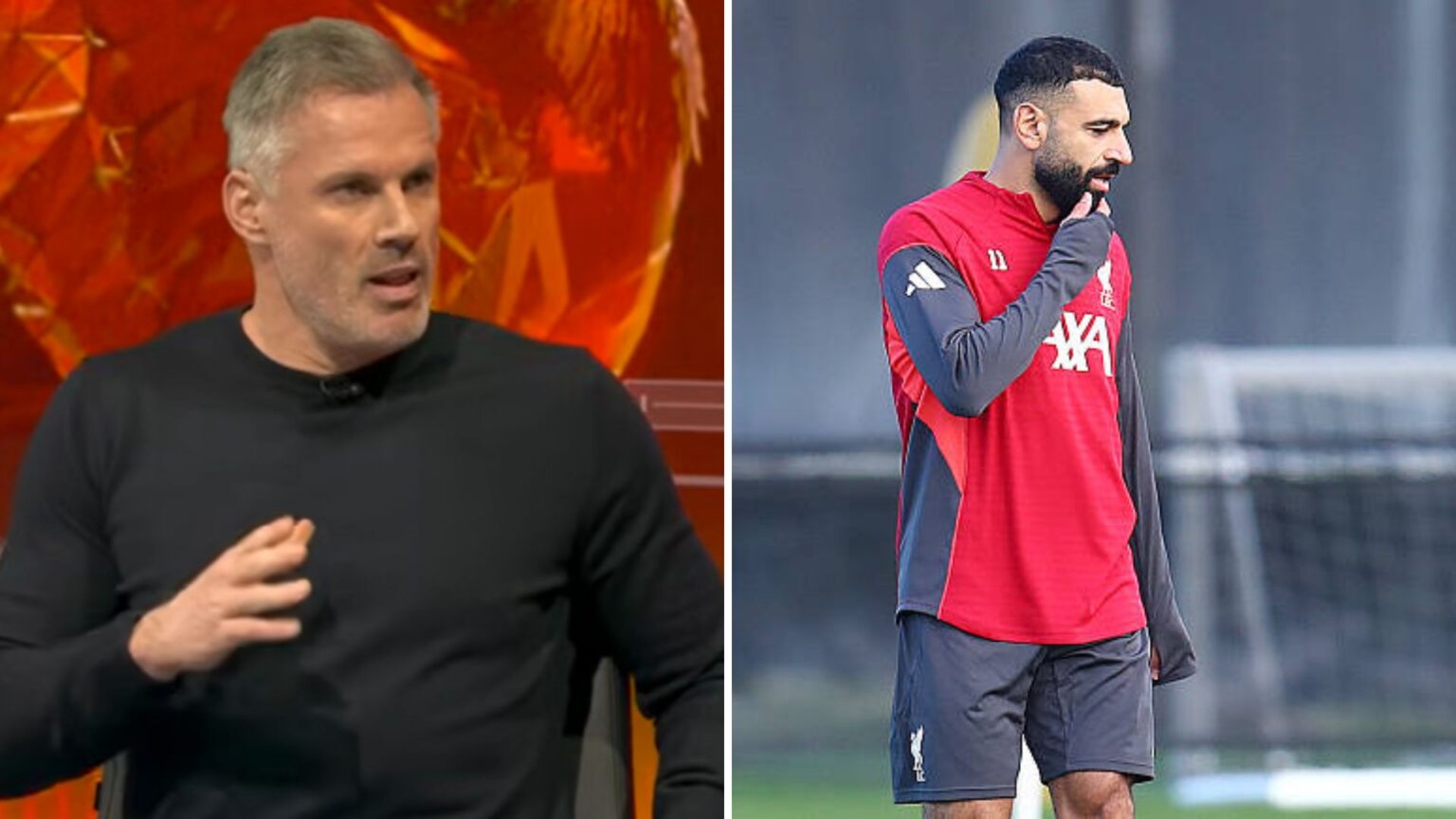 Split image of Jamie Carragher on Sky SPorts and Mohamed Salah in Liverpool training