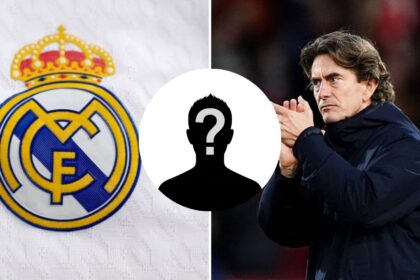 Split image of the Real Madrid badge and Thomas Frank with mystery person overlay