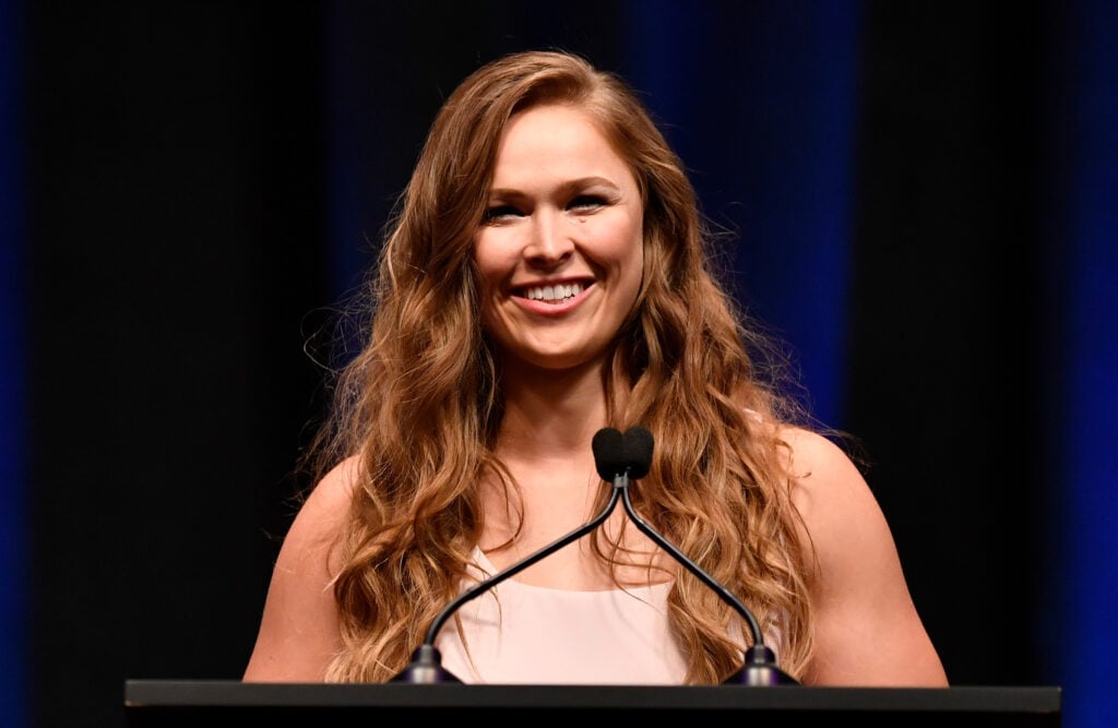 Ronda Rousey speaks at the UFC Hall of Fame induction ceremony.