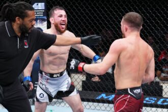 Merab Dvalishvili in the Octagon during his match against Petr Yan in March 2023 in Las Vegas, Nevada.