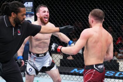 Merab Dvalishvili in the Octagon during his match against Petr Yan in March 2023 in Las Vegas, Nevada.