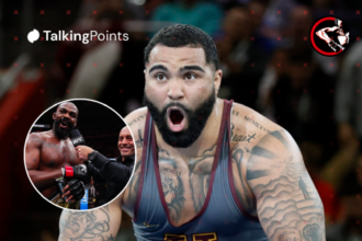 Main: Gable Stevenson screams at the NCAA Division I Men's Wrestling Championship. Inset: Jon Jones interviewed by Joe Rogan at UFC 309