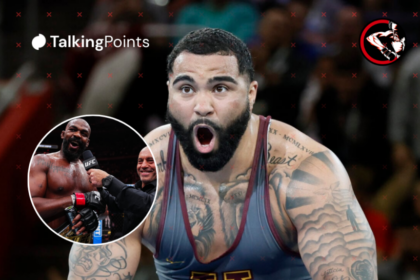 Main: Gable Stevenson screams at the NCAA Division I Men's Wrestling Championship. Inset: Jon Jones interviewed by Joe Rogan at UFC 309